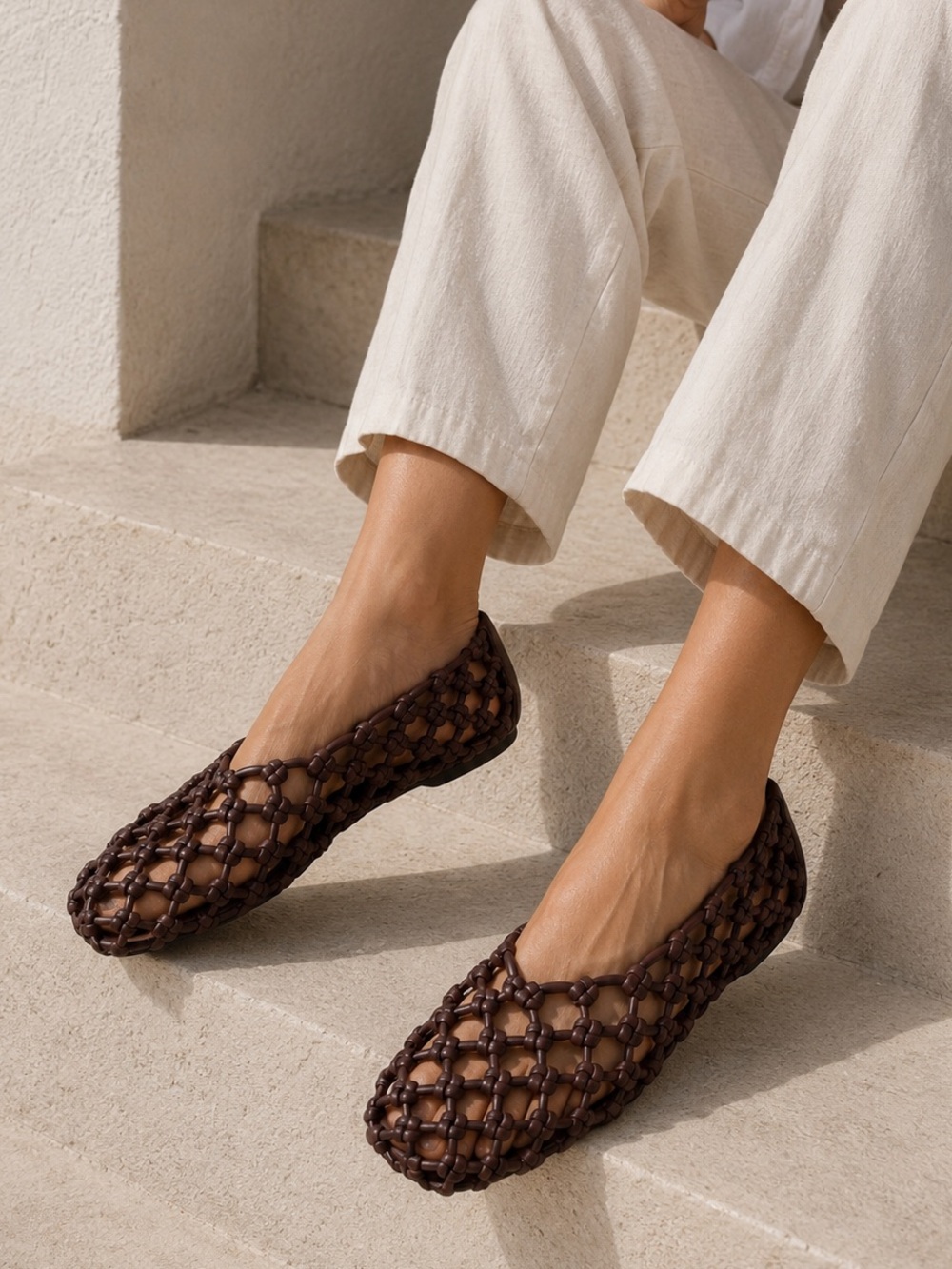 Woven Brown Leather Flats - Women's Slip-On Loafers